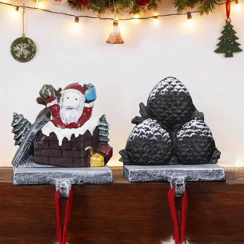 IGOHEALS Stocking Holders for Mantle – 3D Christmas Stocking Holder Heavy Duty Cast Iron Garland Hangers for Mantel with Non-Slip Base | Xmas Decor, Sturdy Fireplaces Hook (Pine Cone and Santa) - Image 1